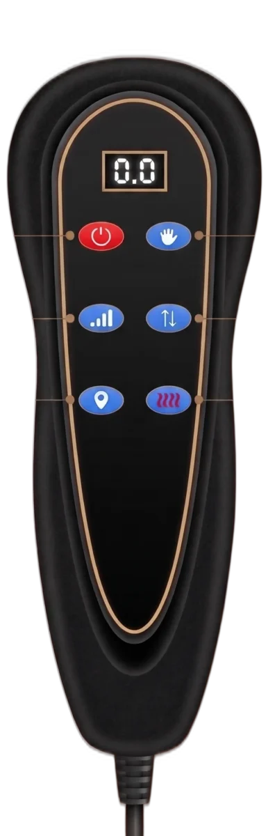 Handheld remote for the SEITIX massage mattress with six buttons and timer display