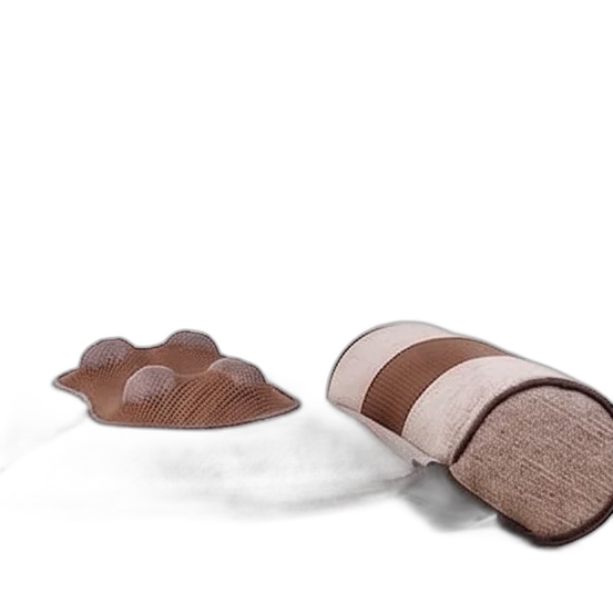 Detachable pillow and rolled pad folded for compact storage